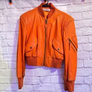 Andrew Marc Bright Orange Leather cropped Baseball Jacket with flaws SZ S